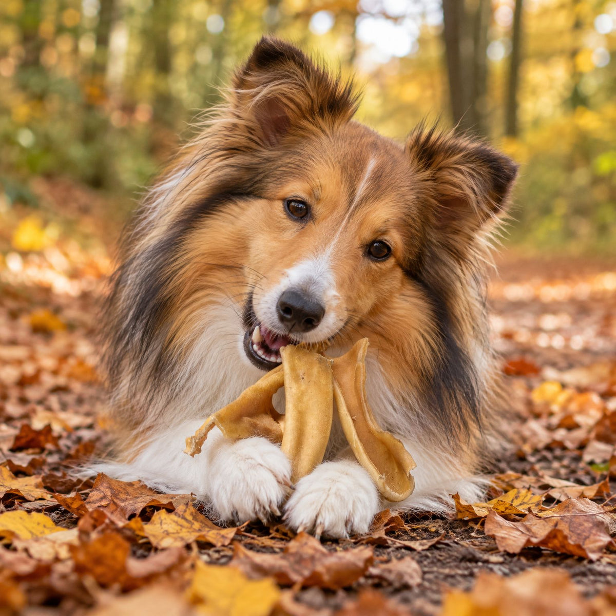 Shetland Sheepdog kaut ein Stück Büffel-Haut auf einem Waldweg im Herbstlaub – fettarmer Kauartikel