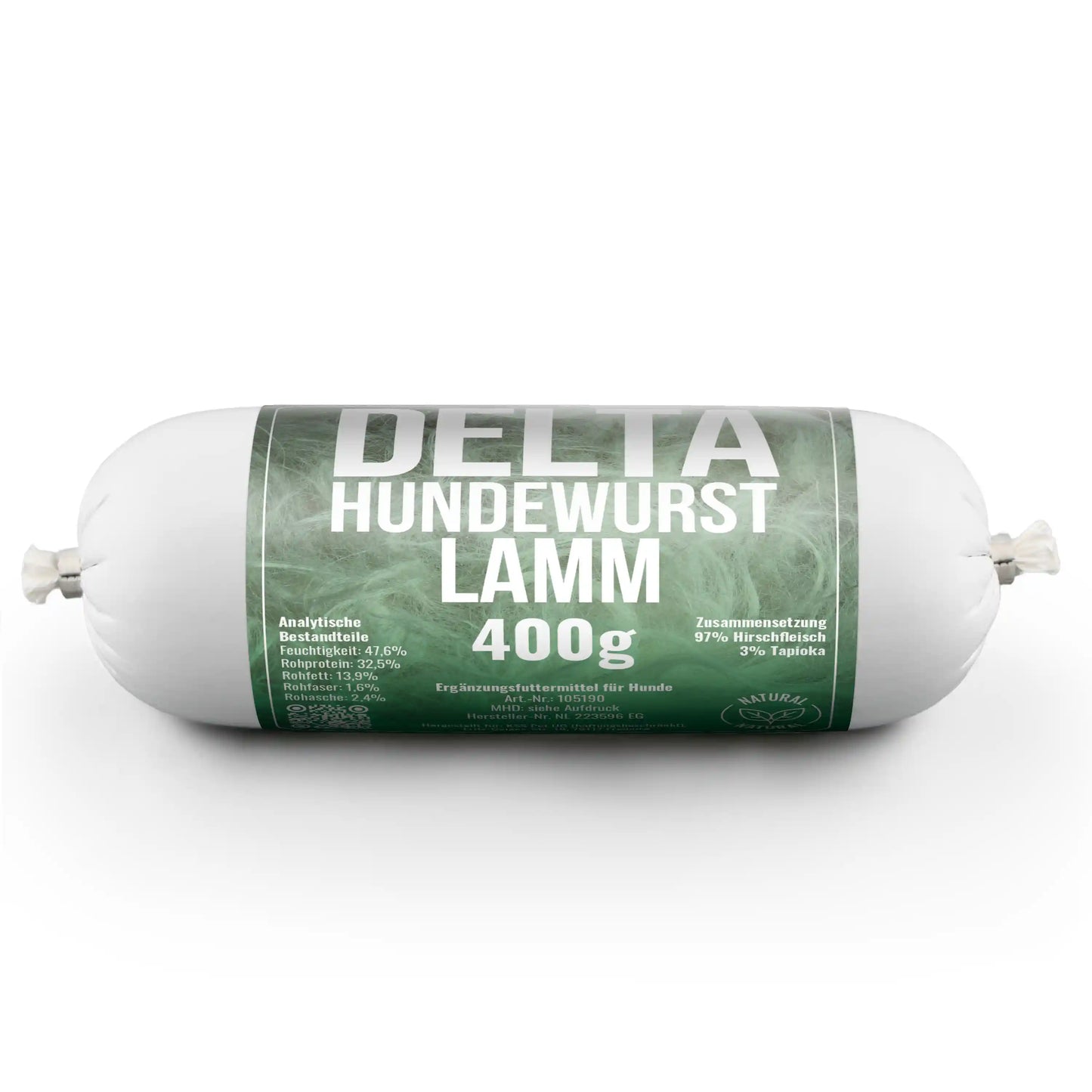 Delta Hundewurst Lamm – schnittfeste Fleischwurst für Hunde mit 100 % Lammfleisch (400g)