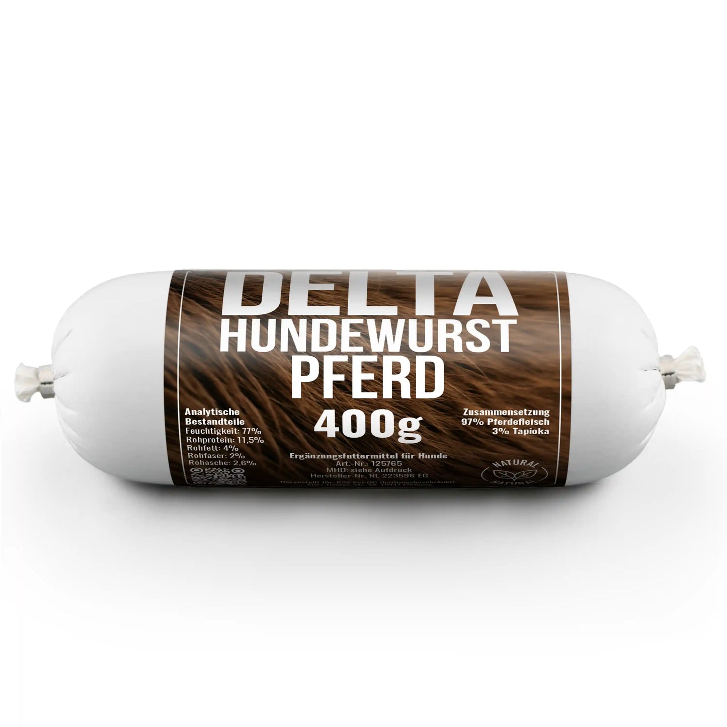 Delta Hundewurst Pferd – hypoallergene Fleischwurst aus 100 % Pferdefleisch für Hunde (400g)