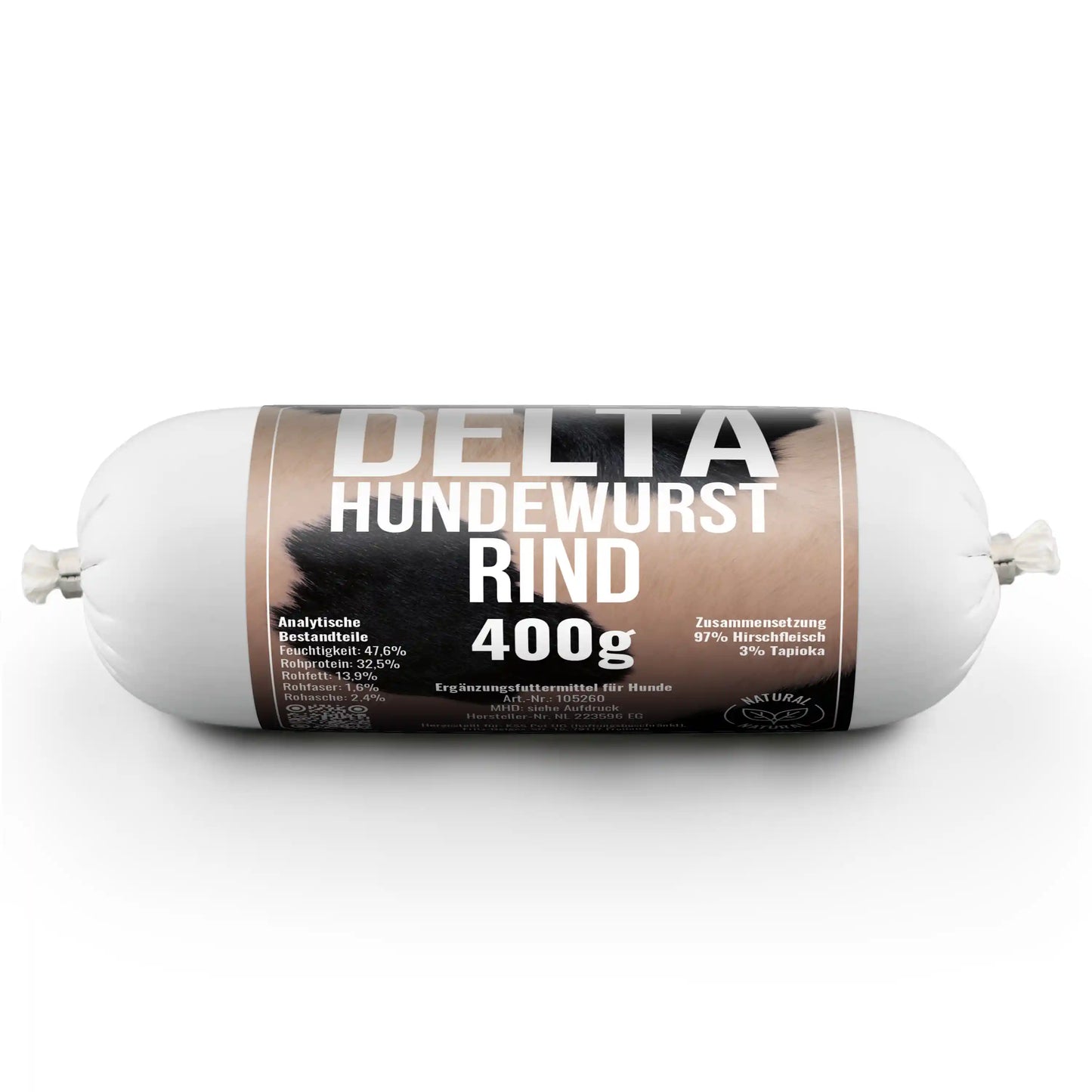 Delta Hundewurst Rind – schnittfeste Fleischwurst für Hunde mit 100 % Rindfleisch (400g)
