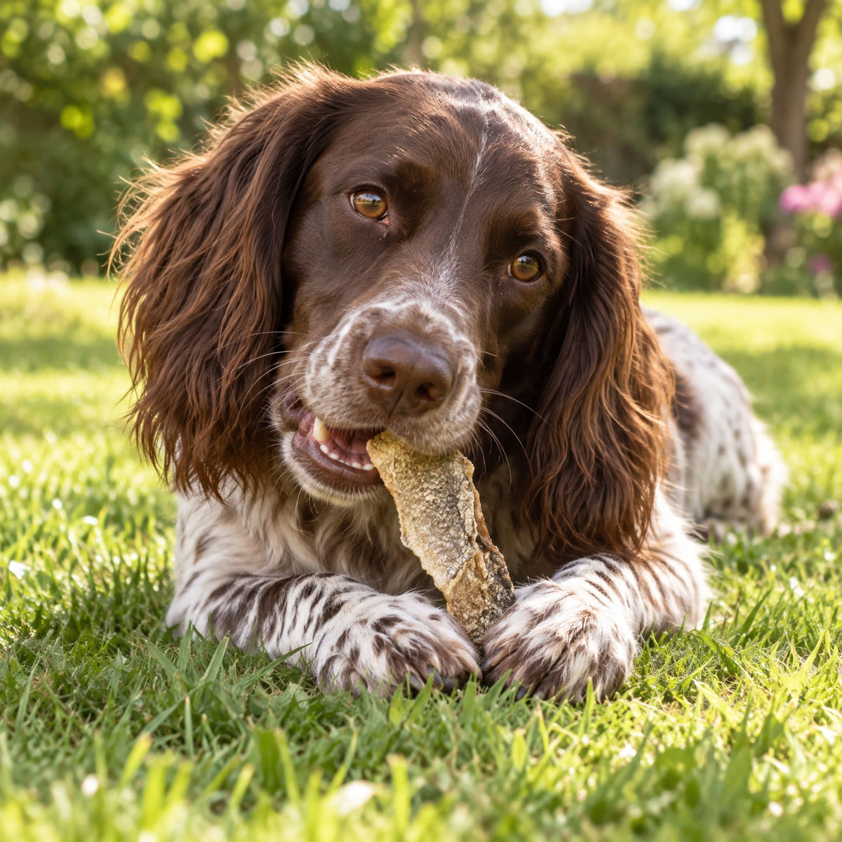 Kleiner Münsterländer kaut im Garten auf der Wiese ein Stück flache Dorschhaut – Fischsnack für Hunde