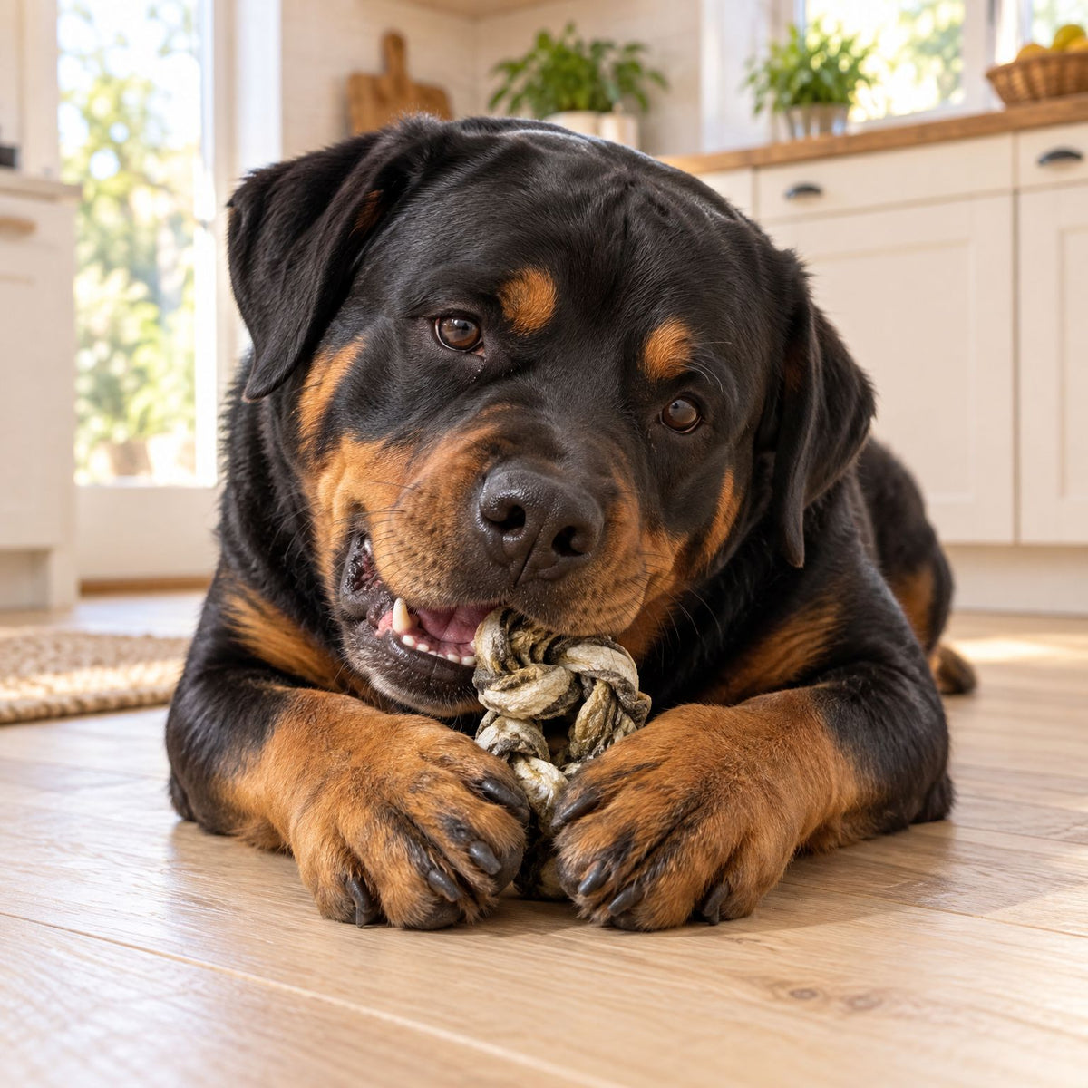 Rottweiler kaut auf dem Holzboden in der Küche einen getrockneten Dorsch-Haut-Ring – Fisch-Kausnack für Hunde