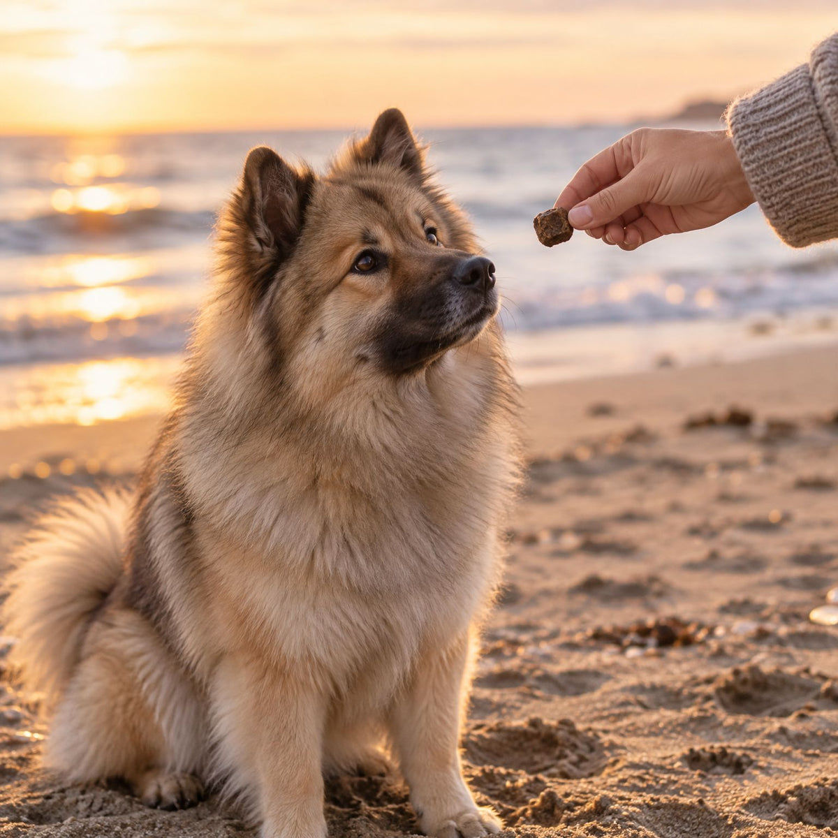 Eurasier bekommt am Strand im Abendlicht einen Hering-Taler mini als Belohnung aus der Hand