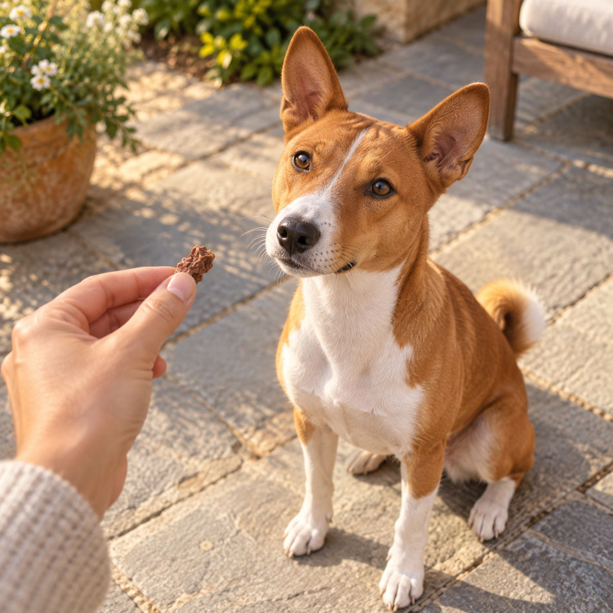 Basenji sitzt auf einer Terrasse mit Steinplatten und bekommt einen Känguru-Trainingssnack aus der Hand