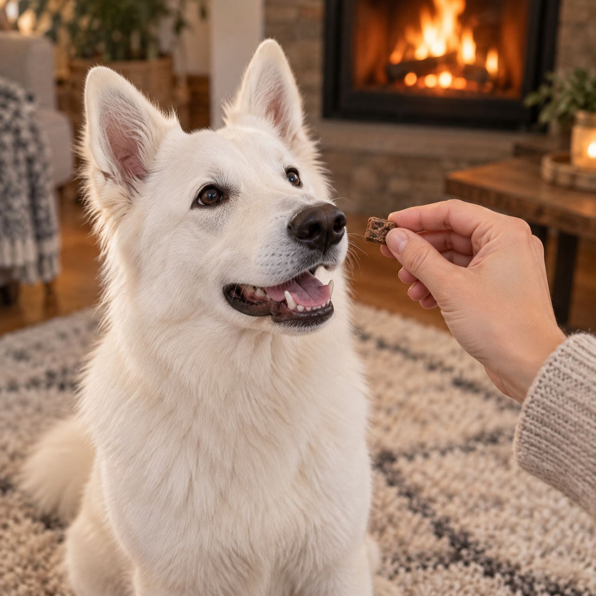 Weißer Schweizer Schäferhund bekommt vor dem Kamin einen Kaninchen-Fleisch-Würfel mini als Belohnung
