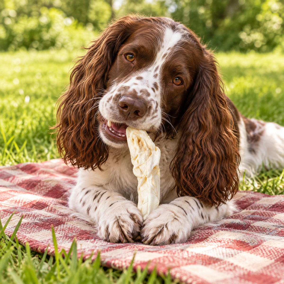 English Springer Spaniel liegt auf einer Picknickdecke im Grünen und kaut an einem weißen Kaninchen-Ohr