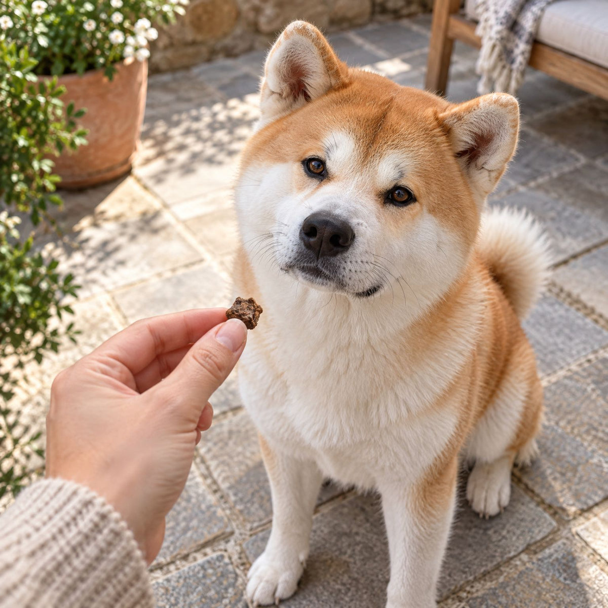 Akita Inu bekommt auf der Terrasse einen Lachs-Taler mini als Belohnung aus der Hand – Trainingssnack
