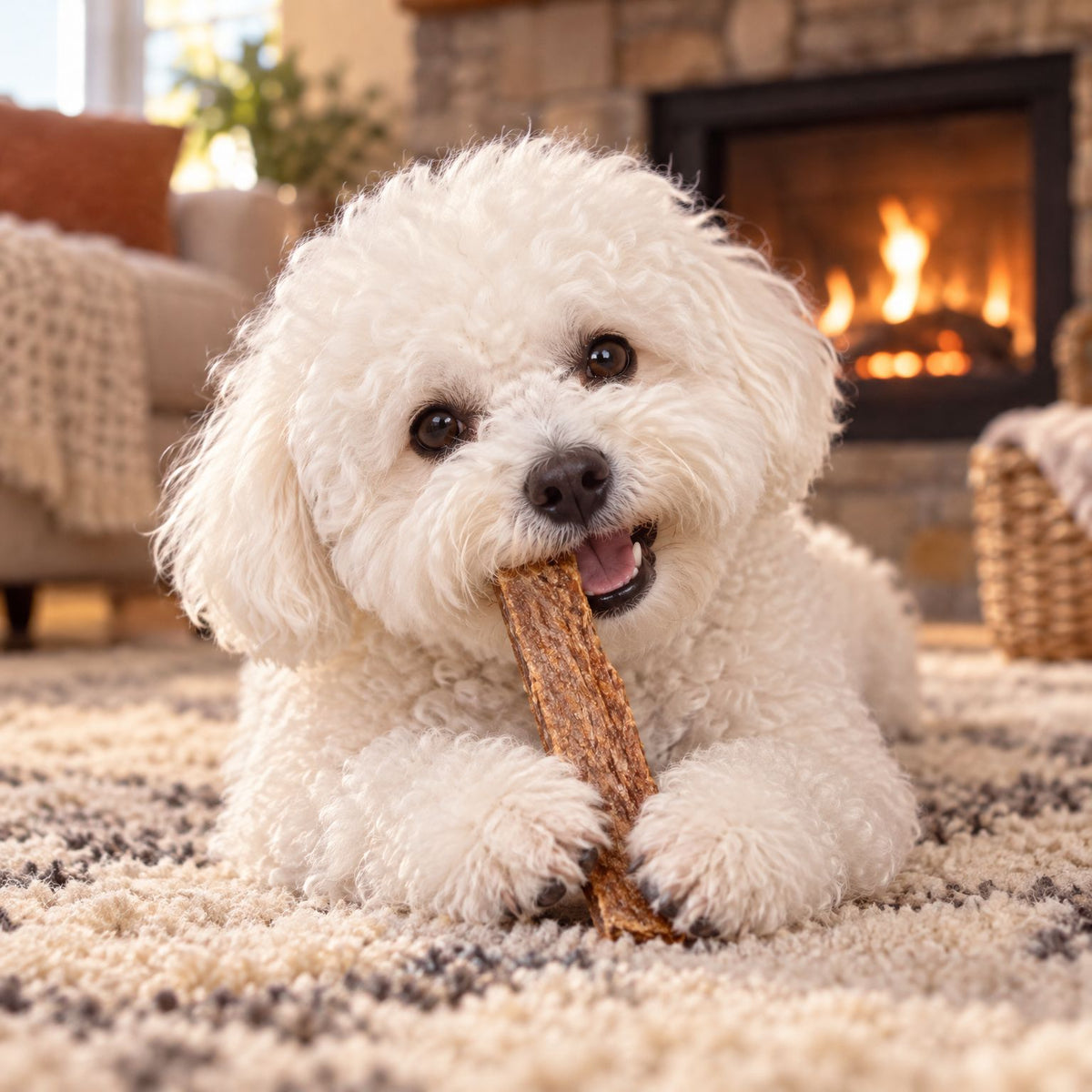 Bichon Frisé kaut einen Puten-Fleischstreifen auf einem Teppich vor dem Kamin – fleischiger Hundesnack
