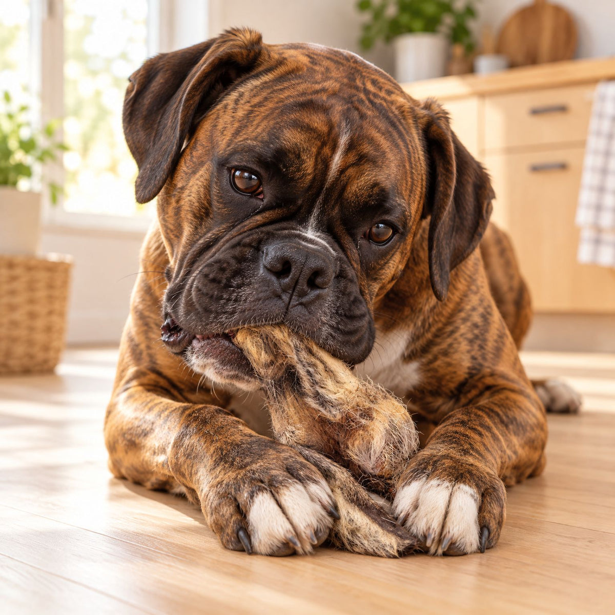 Gestromter Boxer kaut ein getrocknetes Reh-Ohr mit Fell auf einem hellen Holzboden in der Küche