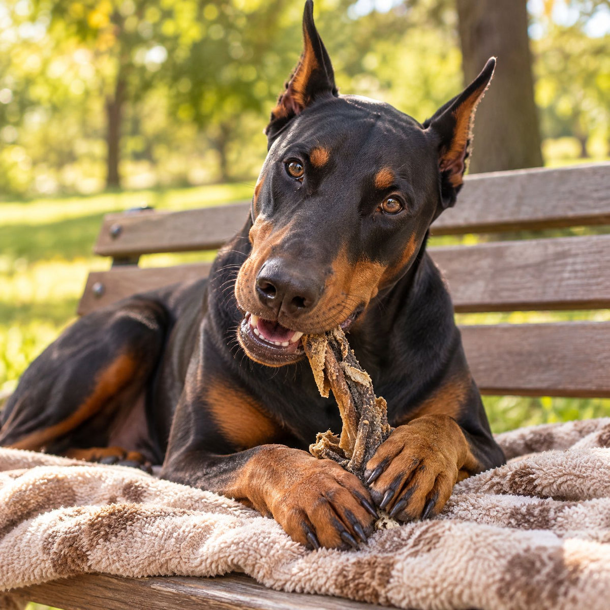 Dobermann kaut einen Ziegen-Pansen-Streifen im Park auf einer Decke auf der Bank – Kausnack aus 100 % Ziege