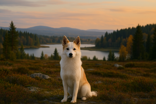 Norrbottenspitz sitzt aufmerksam vor typisch schwedischer Landschaft mit See, Nadelbäumen und sanften Hügeln im warmen Licht eines ruhigen Herbstabends.