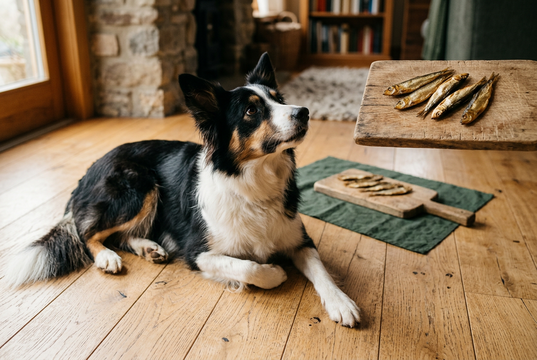 Border-Collie-Mischling vor einem Holzbrett mit getrockneten Sprotten für Hunde