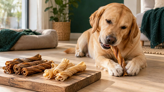 Labrador kaut einen Kauknochen, daneben Büffelhaut Kauknochen und helle Rinderhaut-Rollen auf einem Holzbrett