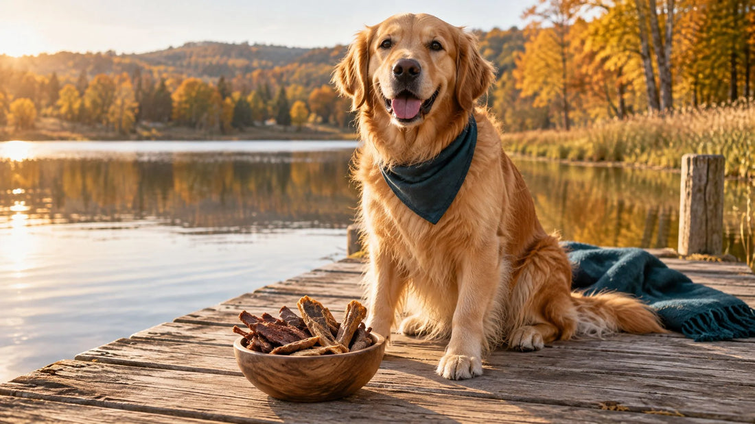 Golden Retriever am herbstlichen See vor einer Schale mit getrockneten Entensnacks – Entenfleisch für Hunde