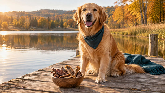 Golden Retriever am herbstlichen See vor einer Schale mit getrockneten Entensnacks – Entenfleisch für Hunde