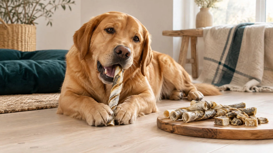 Hund kaut eine gedrehte Fischhaut-Kaustange, daneben Fisch-Kauartikel auf einem Holzbrett