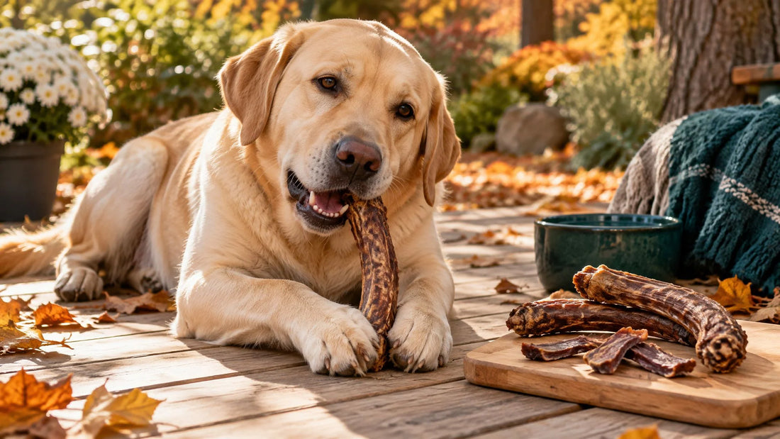 Labrador kaut auf einer Holzterrasse getrocknetes Gänsefleisch – Gänsefleisch für Hunde als natürlicher Snack
