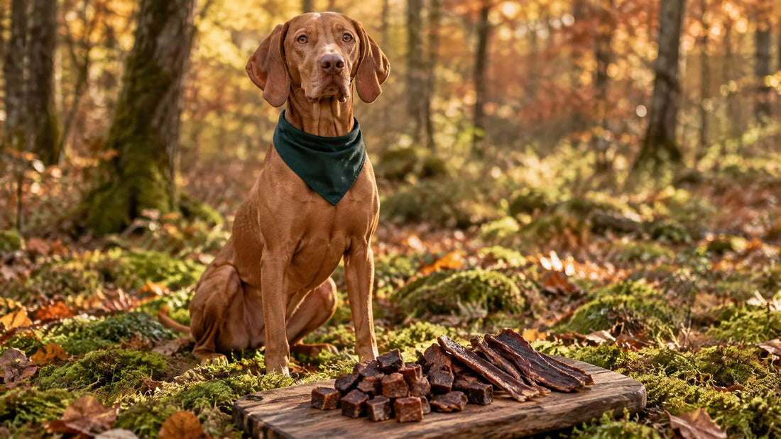 Vizsla sitzt im Herbstwald vor einem Holzbrett mit getrockneten Hirsch-Leckerlis für Hunde
