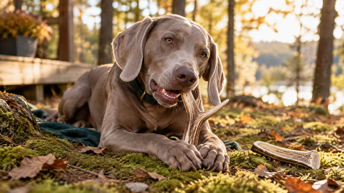 Hirschgeweih für Hunde: Hund kaut auf Waldboden an einem natürlichen Geweih