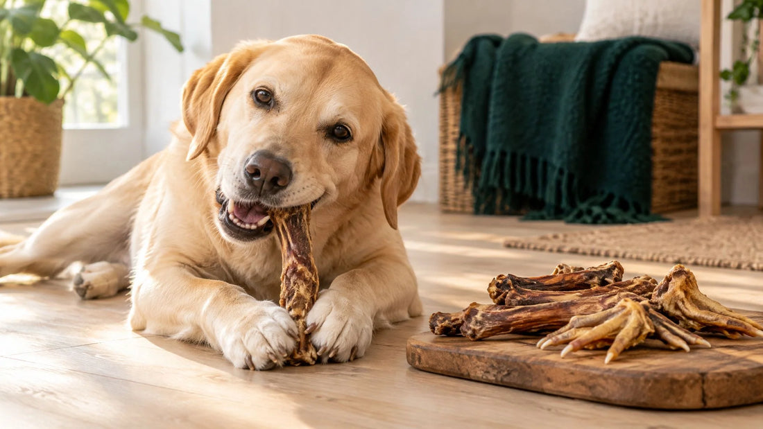 Hund kaut an einem getrockneten Entenhals, daneben Hühnerflügel – Hühnerflügel für Hunde sicher füttern