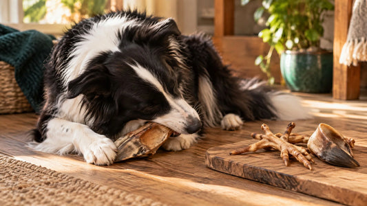 Border Collie kaut einen Huf, daneben Hühnerfüße und ein Huf als Kauartikel für Hunde auf einem Holzbrett