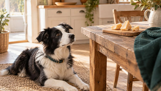 Darf ein Hund Käse essen? Hund schaut neugierig auf Käse-Kaustücke auf einem Holzbrett