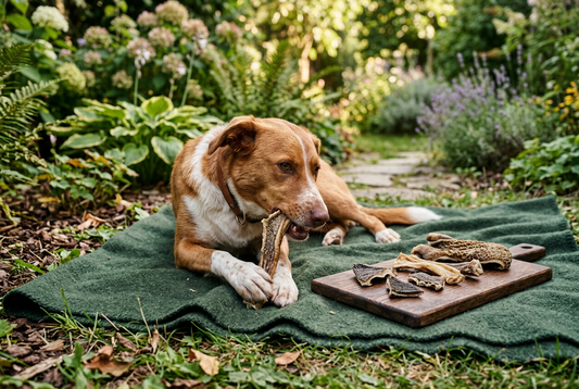 Hund kaut im Garten an getrocknetem Pansen für Hunde