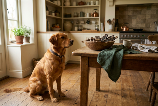 Hund vor einer Schale mit getrockneten Gans-Snacks statt Martinsgans-Braten