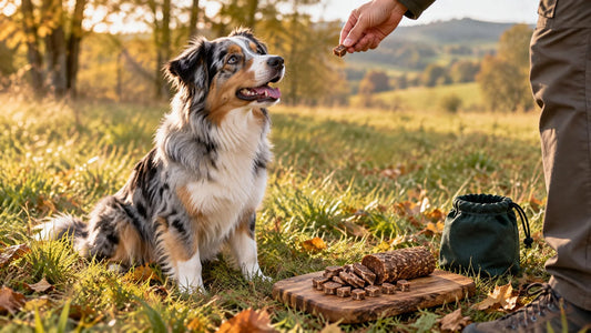 Australian Shepherd wartet auf ein Stück Hundewurst, geschnittene Trainingsleckerlis auf einem Holzbrett