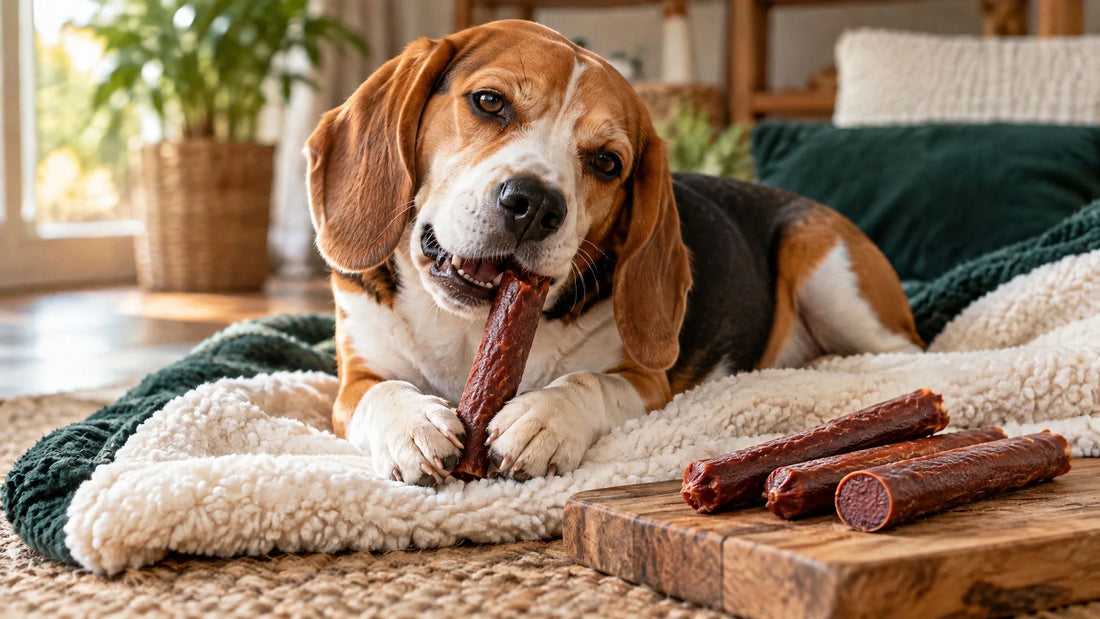 Beagle kaut eine Hundezigarre aus Fleisch, daneben weitere Hundezigarren auf einem Holzbrett