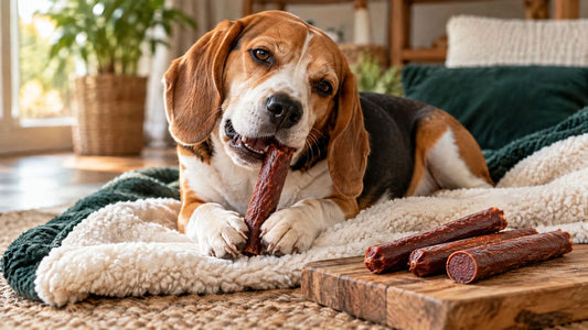 Beagle kaut eine Hundezigarre aus Fleisch, daneben weitere Hundezigarren auf einem Holzbrett