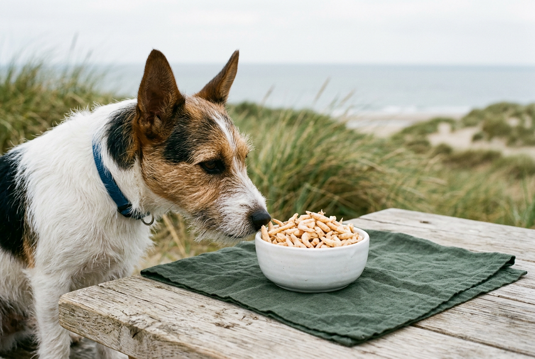 Hund schnuppert an einer Schale mit gefriergetrockneten Nordseekrabben