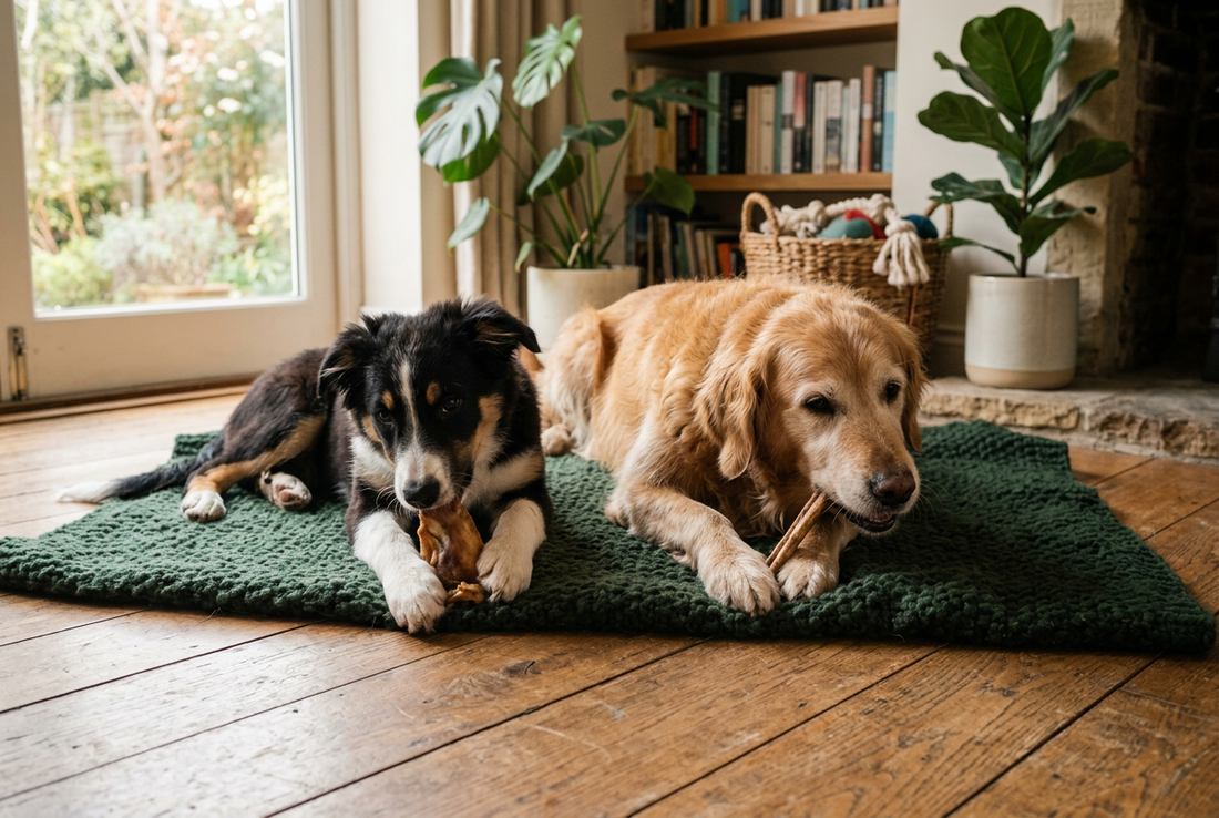 Welpe und Seniorhund kauen an Kauartikeln – wie lange darf ein Hund kauen
