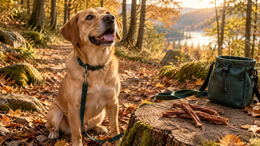 Kabanossi für Hunde als Snack unterwegs: Hund auf herbstlichem Waldweg neben getrockneten Fleischwürstchen