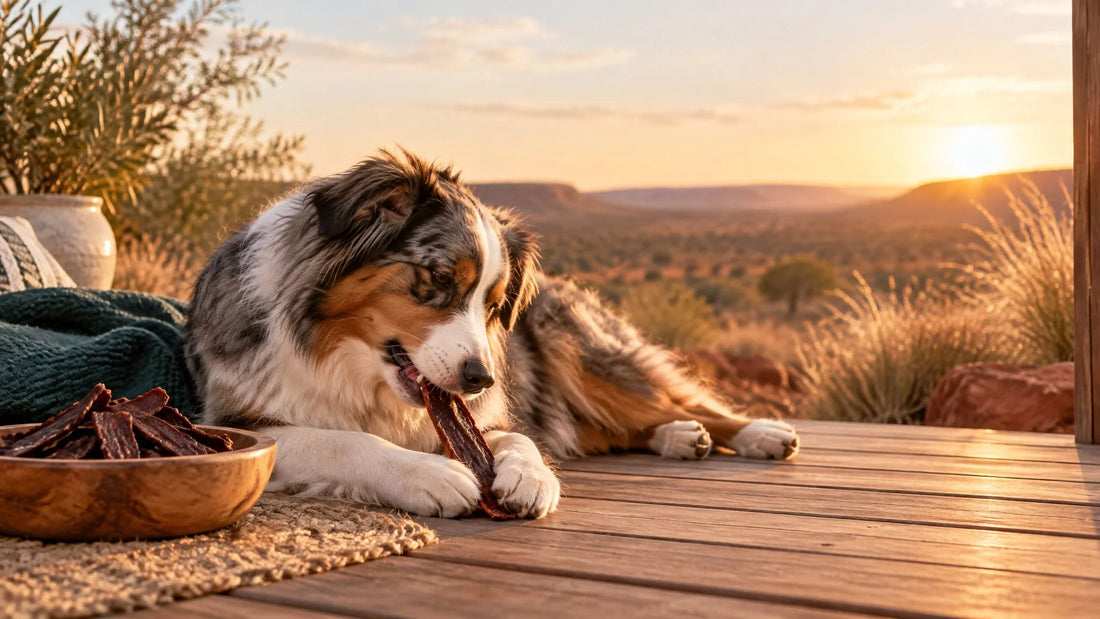 Australian Shepherd kaut im Abendlicht einen mageren Trockenfleisch-Streifen – Kängurufleisch für Hunde