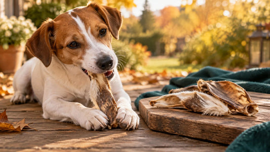 Hund kaut entspannt Kaninchenohren mit Fell, daneben weitere getrocknete Kaninchenohren auf einem Holzbrett