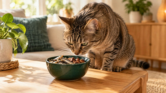 Getigerte Katze schnuppert an einer Schale mit getrockneten Snacks – Katzenleckerli gesund auswählen