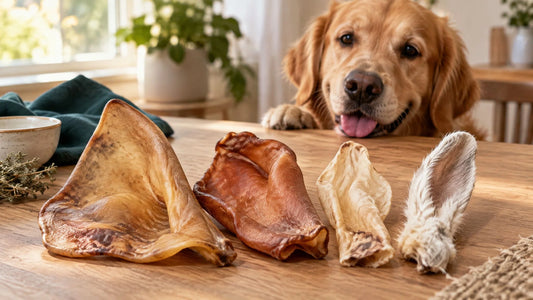 Kauohren für Hunde im Vergleich: Rinder-, Schweine-, Lamm- und Kaninchenohr auf einem Holztisch