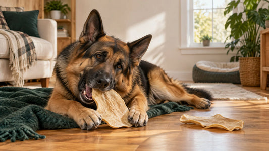 Kauplatte für Hunde: großer Hund kaut entspannt an einer Rinderhaut-Kauplatte auf einer Decke
