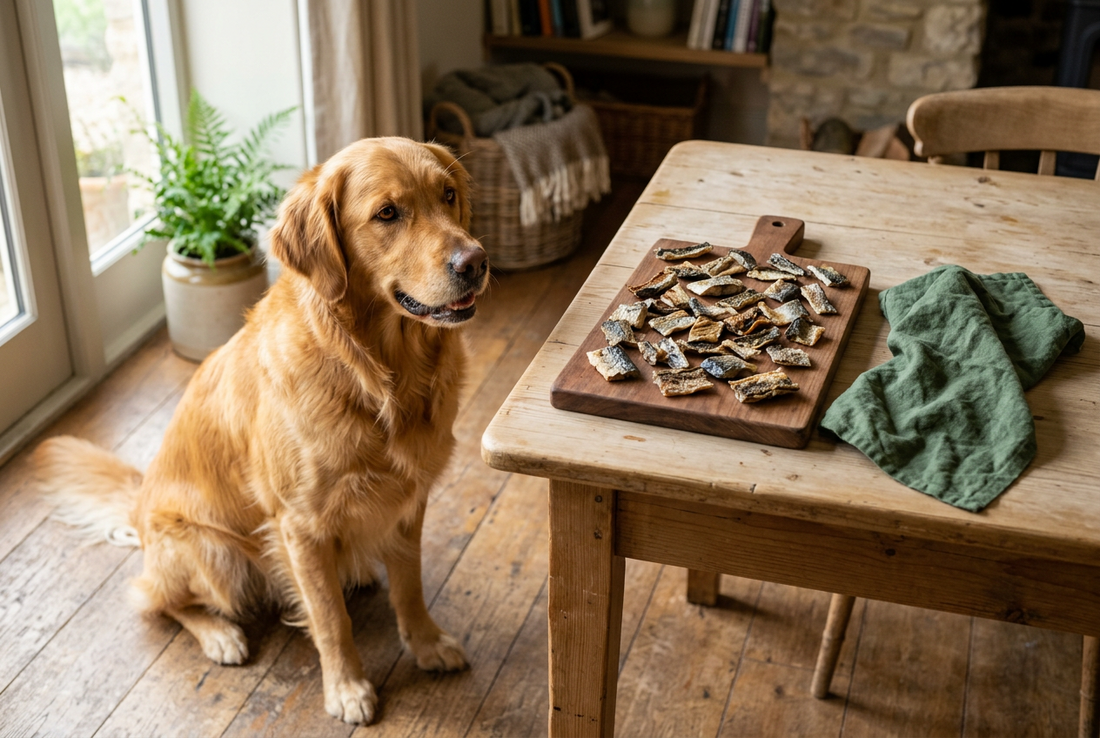 Golden Retriever neben getrockneten Makrelen-Snacks auf einem Holzbrett