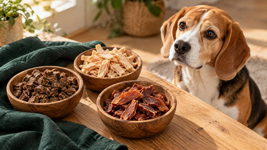 Beagle vor drei Holzschalen mit je einer Sorte Trockenfleisch – Monoprotein-Snacks für Hunde