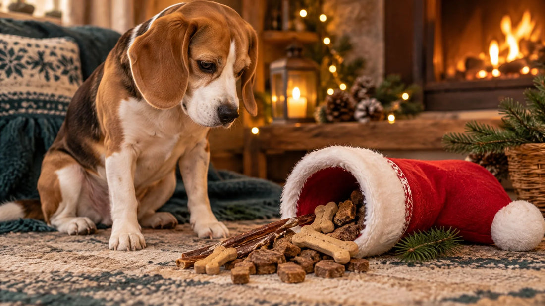 Hund sitzt vor einem Nikolausstiefel mit gesunden Hundesnacks – Nikolaus für den Hund