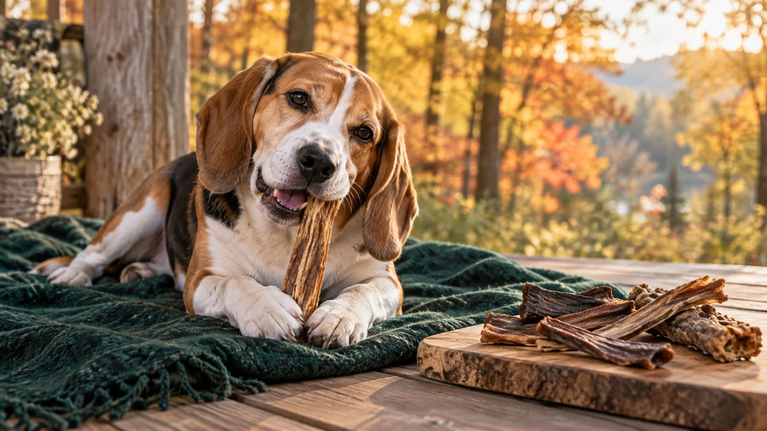 Hund kaut auf grüner Decke an einem getrockneten Reh Kauartikel – Reh für Hunde mit empfindlichem Magen
