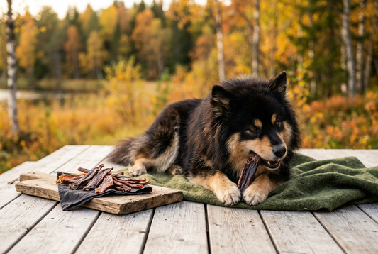ordischer Hund mit getrocknetem Rentier-Snack auf einer Holzterrasse