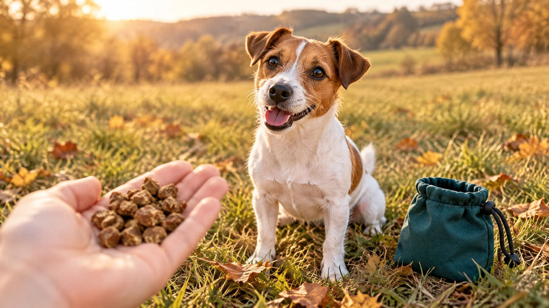 Kleiner Hund wartet aufmerksam auf Mini-Fleischwürfel – Trainingsleckerli für kleine Hunde