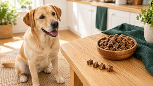 Hund sitzt vor einer Holzschale mit Fleischwürfeln – wie viele Leckerlis pro Tag nach der 10-Prozent-Regel