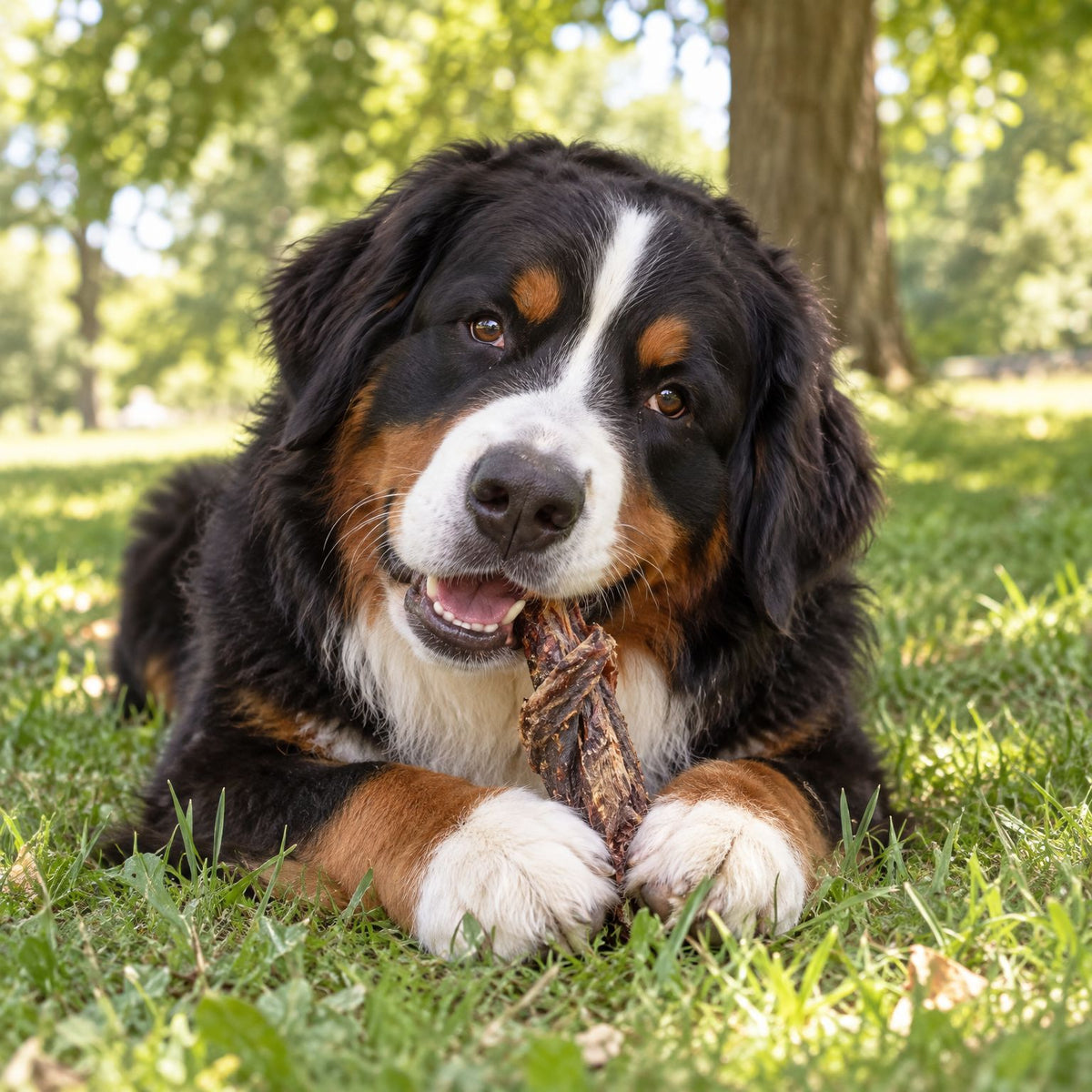 Berner Sennenhund kaut im Park einen Büffel-Fleischstreifen – harter Kausnack für Hunde