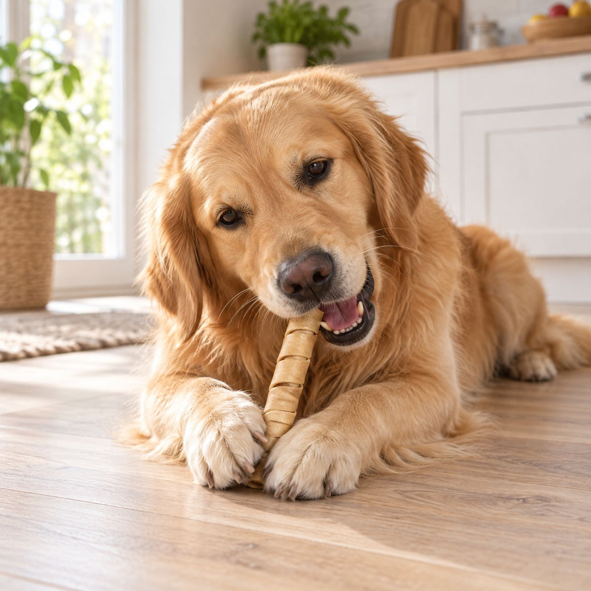 Golden Retriever kaut eine gedrehte Büffel-Haut-Stange auf einem hellen Holzboden in der Küche