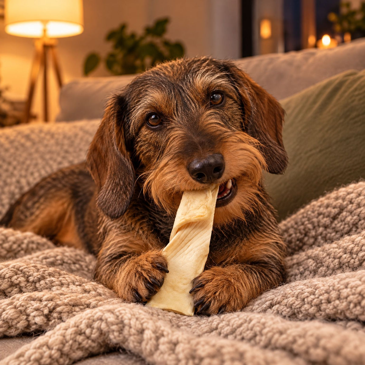 Rauhaardackel kaut einen Büffel-Kauchip auf dem Sofa – langlebiger Kausnack für Hunde