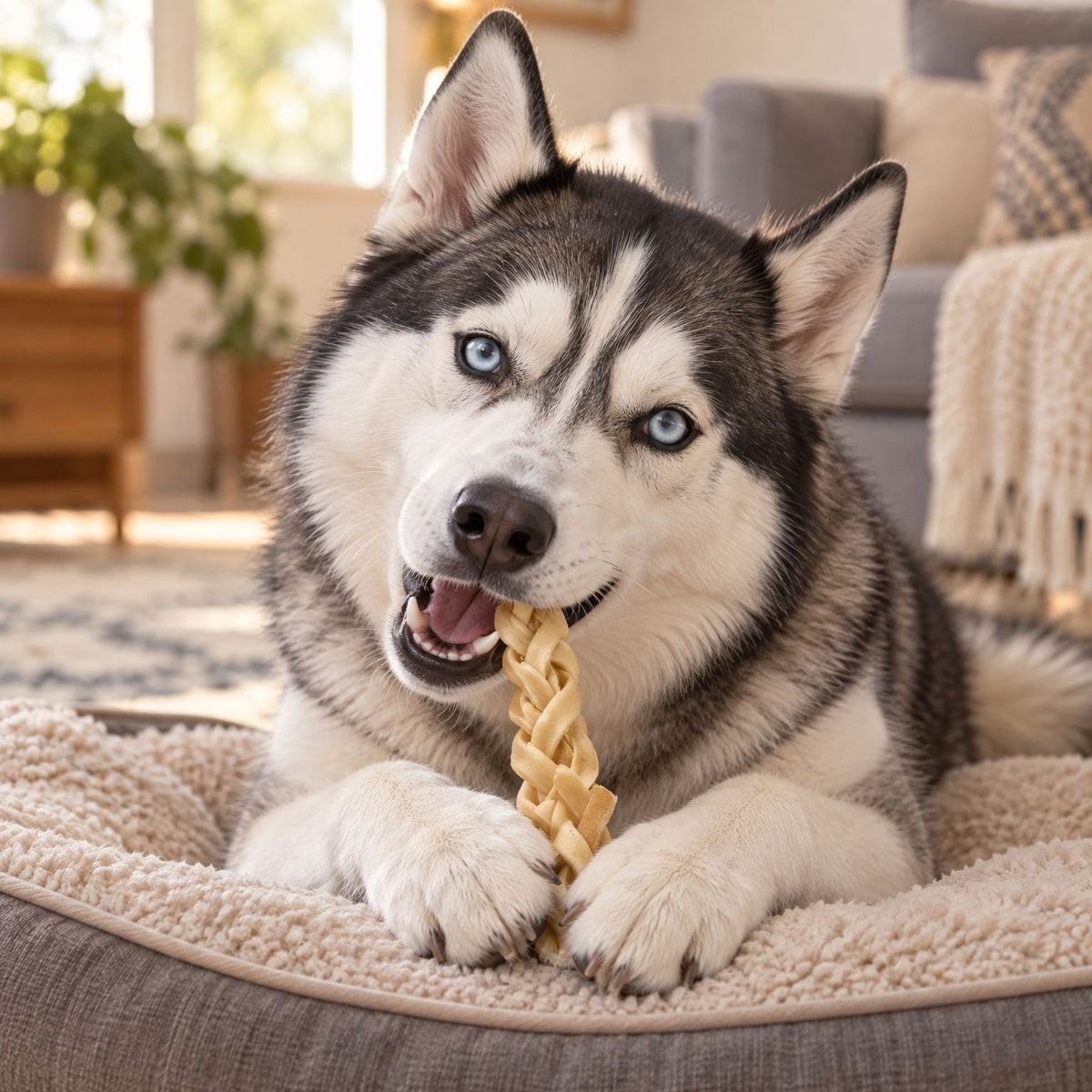 Siberian Husky kaut einen Büffelhaut-Zopf auf einem gemütlichen Hundebett im Wohnzimmer
